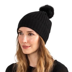 AMICALE WOMENS CASHMERE BEANIE WITH GENUINE SHEARLING POMPOM BLACK NWOT